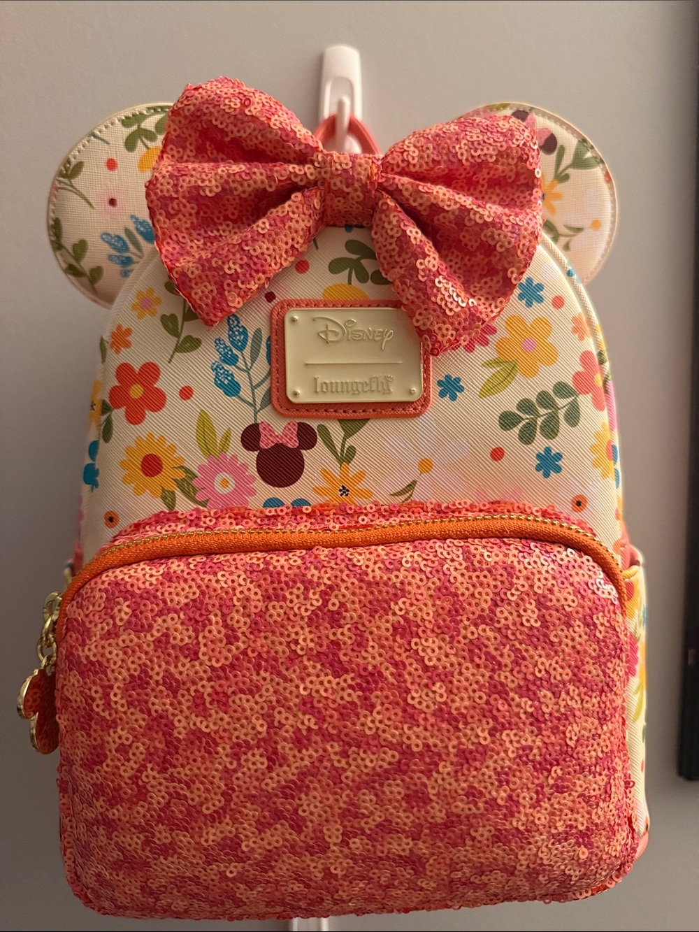 Loungefly Floral Minnie Mouse AOP Mini Backpack with Coral Sequin Bow